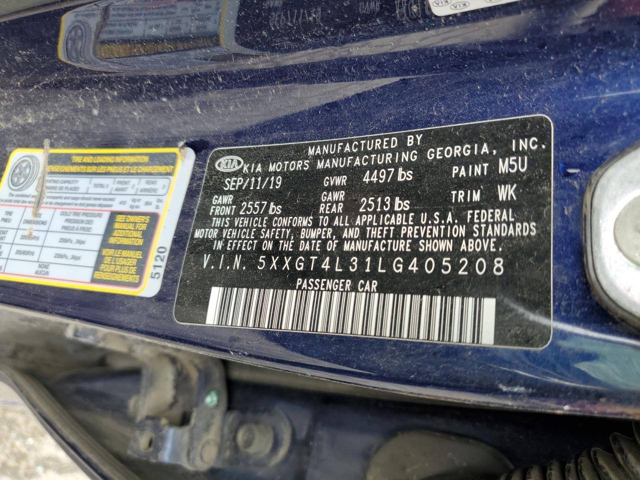 2020 Kia Optima Lx VIN: 5XXGT4L31LG405208 Lot: 51312405