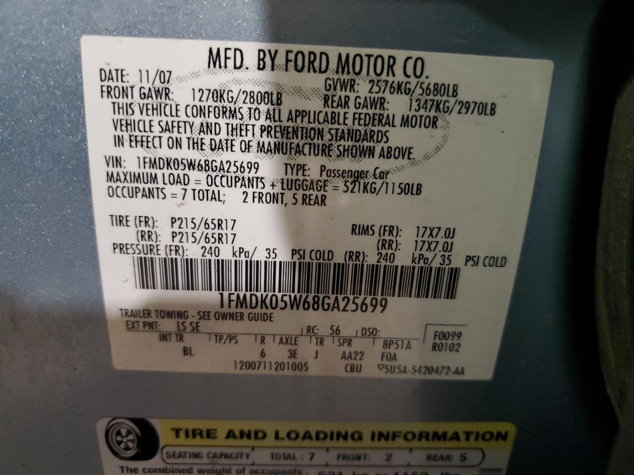 2008 Ford Taurus X Sel VIN: 1FMDK05W68GA25699 Lot: 49066245