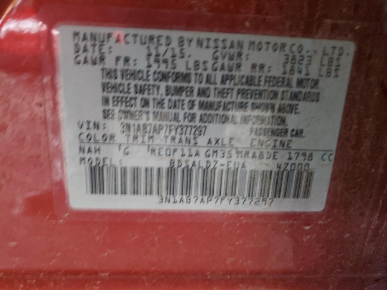 2015 Nissan Sentra S VIN: 3N1AB7AP7FY377297 Lot: 50177905