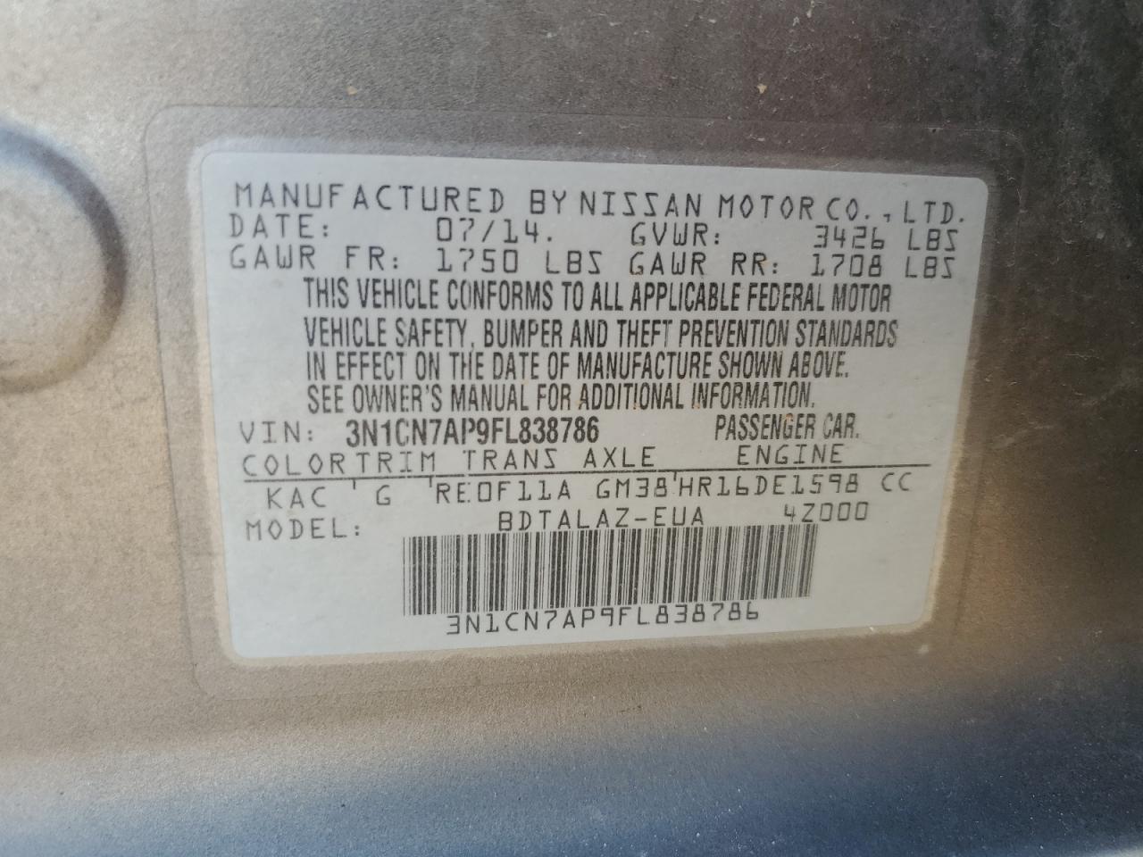 2015 Nissan Versa S VIN: 3N1CN7AP9FL838786 Lot: 50987335