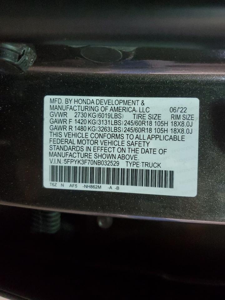 2022 Honda Ridgeline Rtl VIN: 5FPYK3F70NB032529 Lot: 49523965