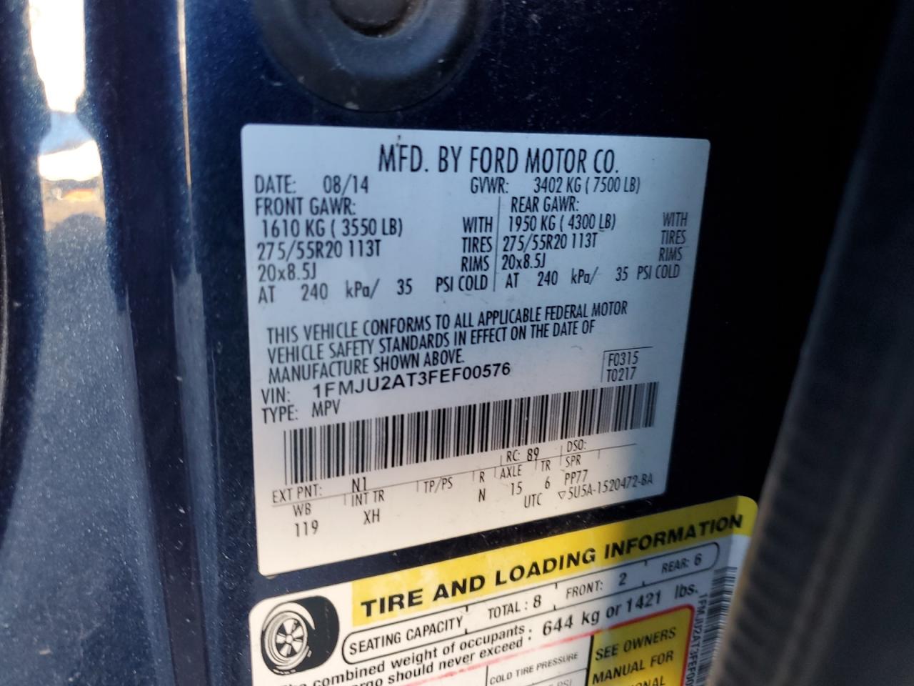 2015 Ford Expedition VIN: L0T85887654 Lot: 48292225