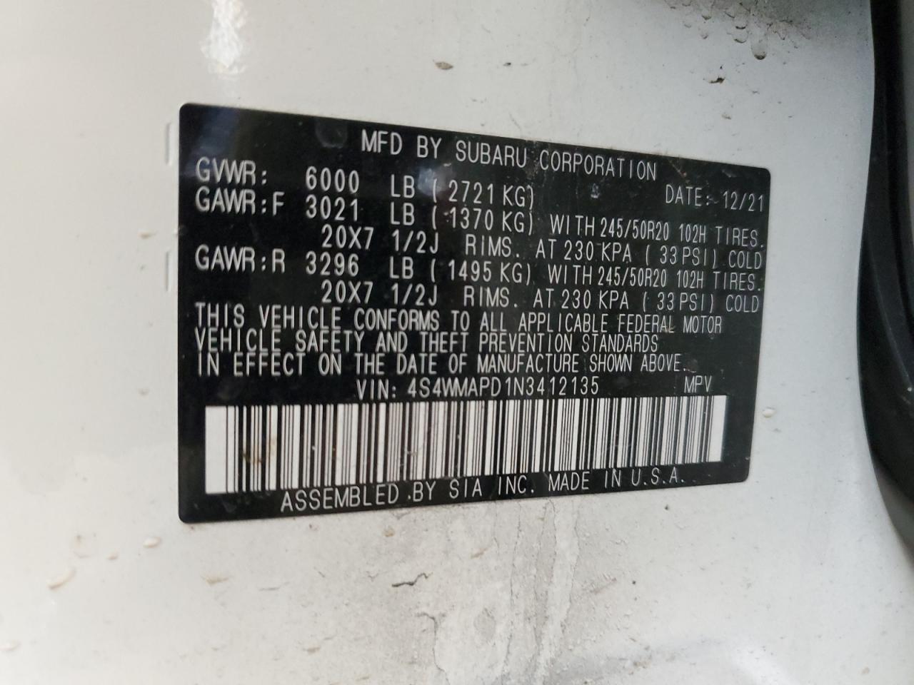 2022 Subaru Ascent Limited VIN: 4S4WMAPD1N3412135 Lot: 50721705