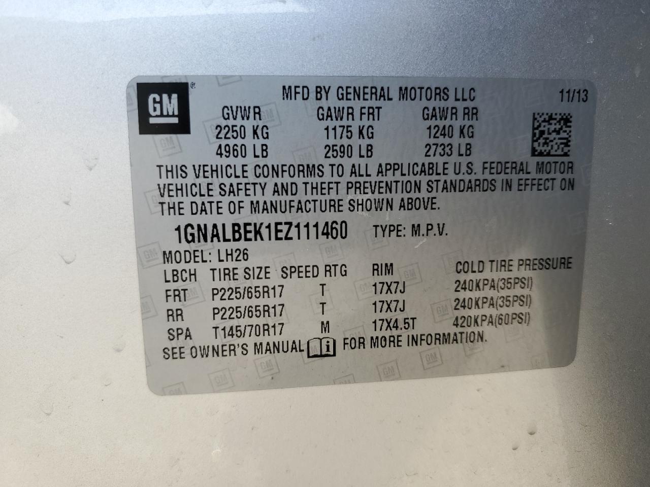 2014 Chevrolet Equinox Lt VIN: 1GNALBEK1EZ111460 Lot: 49344575