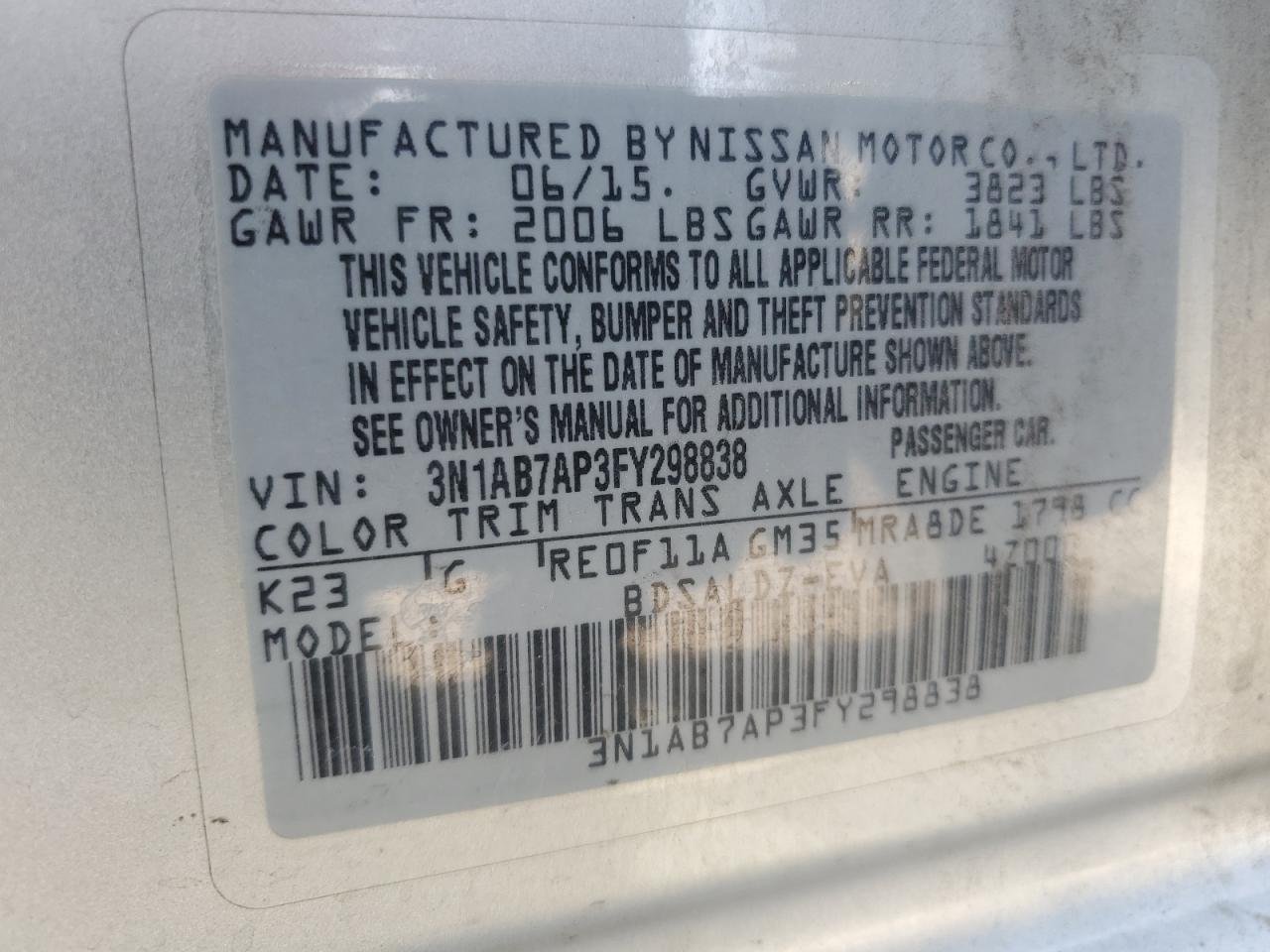 2015 Nissan Sentra S VIN: 3N1AB7AP3FY298838 Lot: 51182135