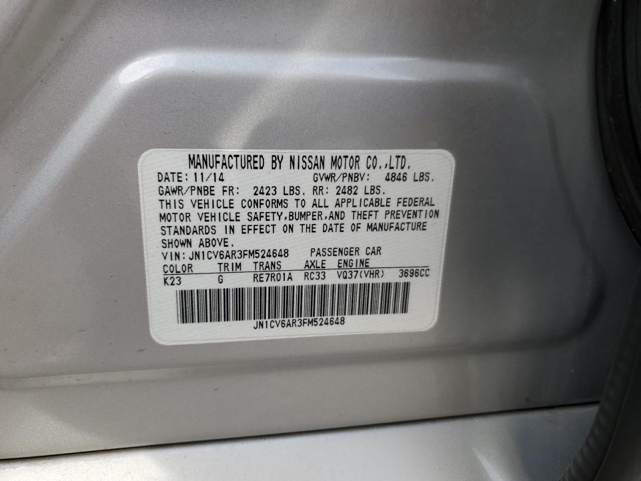 2015 Infiniti Q40 VIN: JN1CV6AR3FM524648 Lot: 50712275