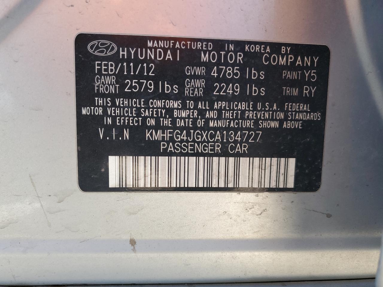 2012 Hyundai Azera Gls VIN: KMHFG4JGXCA134727 Lot: 50082345