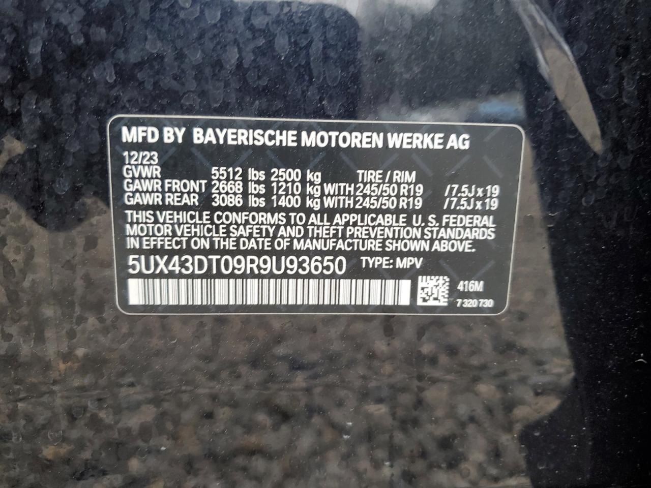 2024 BMW X4 M40I VIN: 5UX43DT09R9U93650 Lot: 50173205