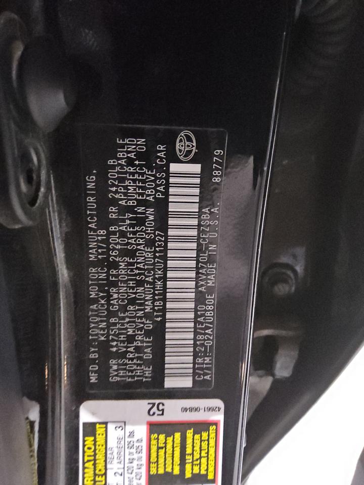 4T1B11HK1KU711327 TOYOTA CAMRY 2019