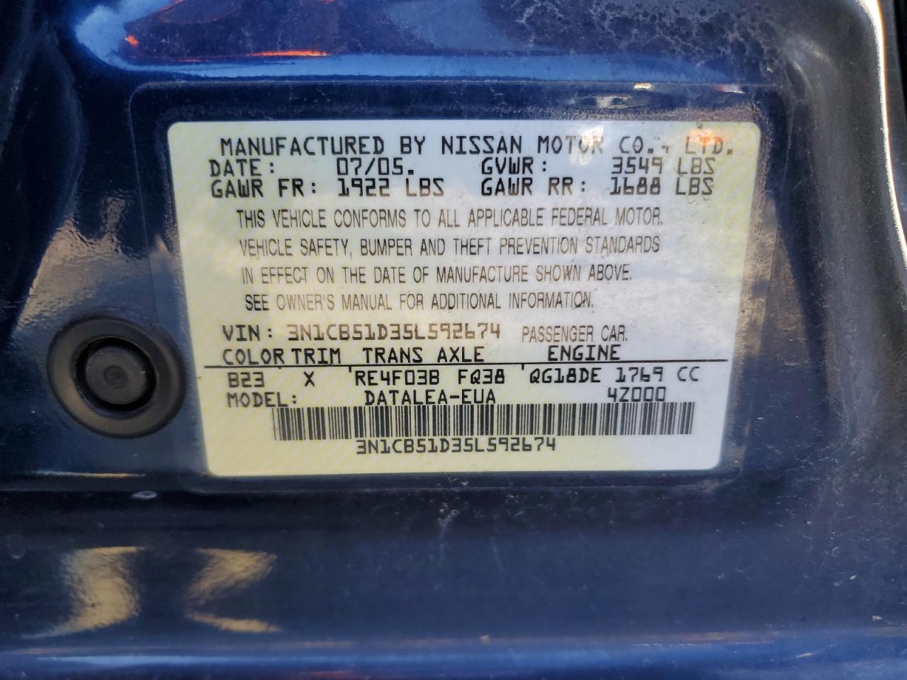 2005 Nissan Sentra 1.8 VIN: 3N1CB51D35L592674 Lot: 50976135