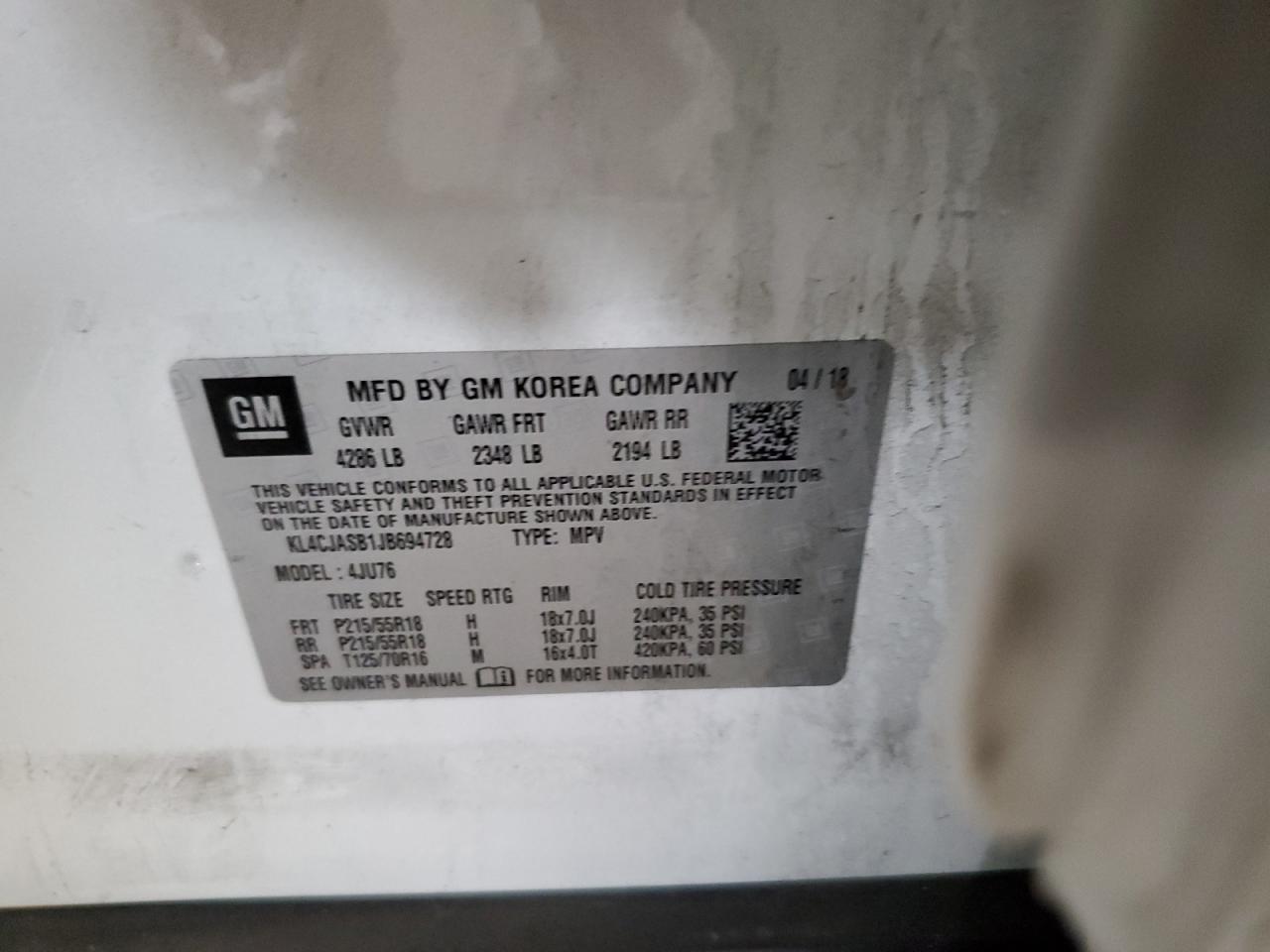 2018 Buick Encore Preferred VIN: KL4CJASB1JB694728 Lot: 46674925
