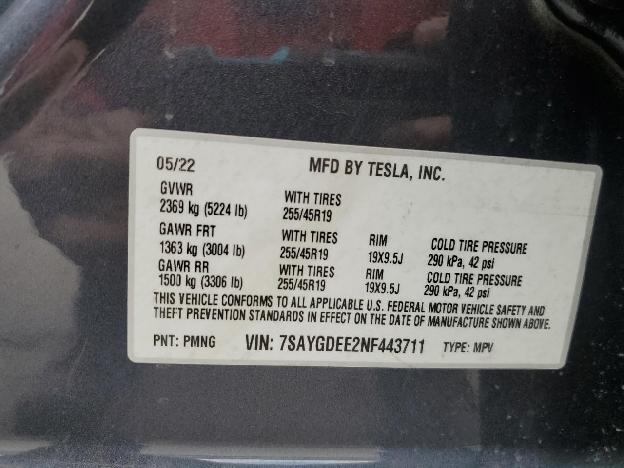 2022 Tesla Model Y VIN: 7SAYGDEE2NF443711 Lot: 50913815