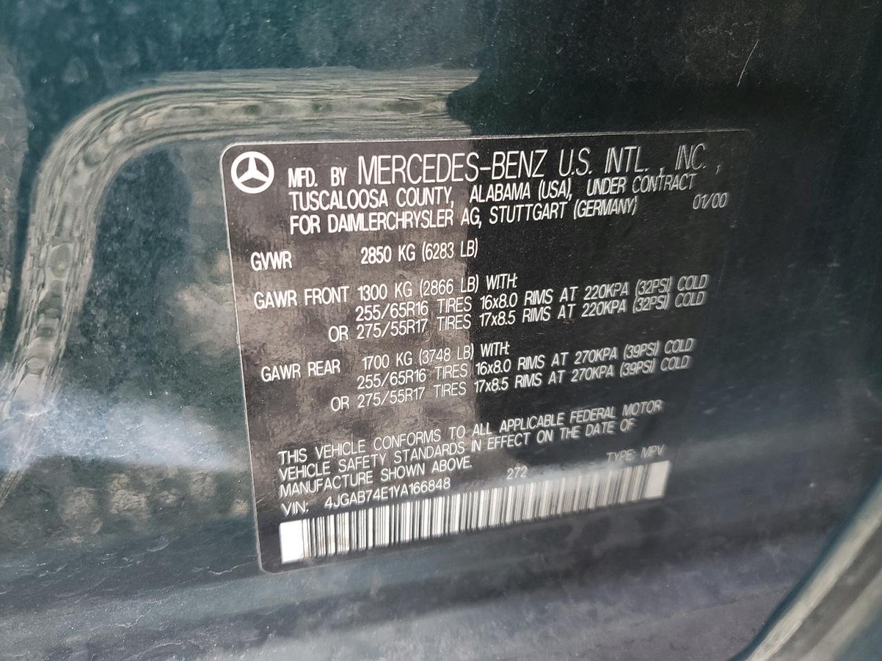 2000 Mercedes-Benz Ml 55 VIN: 4JGAB74E1YA166848 Lot: 47744615