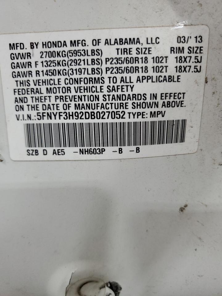 2013 Honda Pilot Touring VIN: 5FNYF3H92DB027052 Lot: 46501065