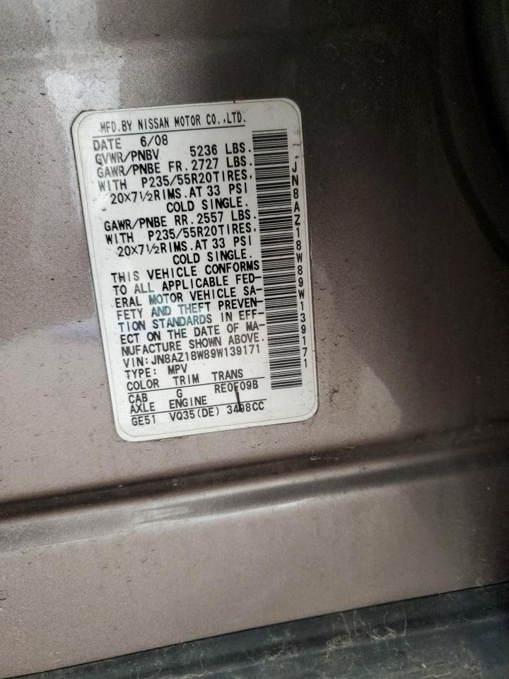 2009 Nissan Murano S VIN: JN8AZ18W89W139171 Lot: 51165365