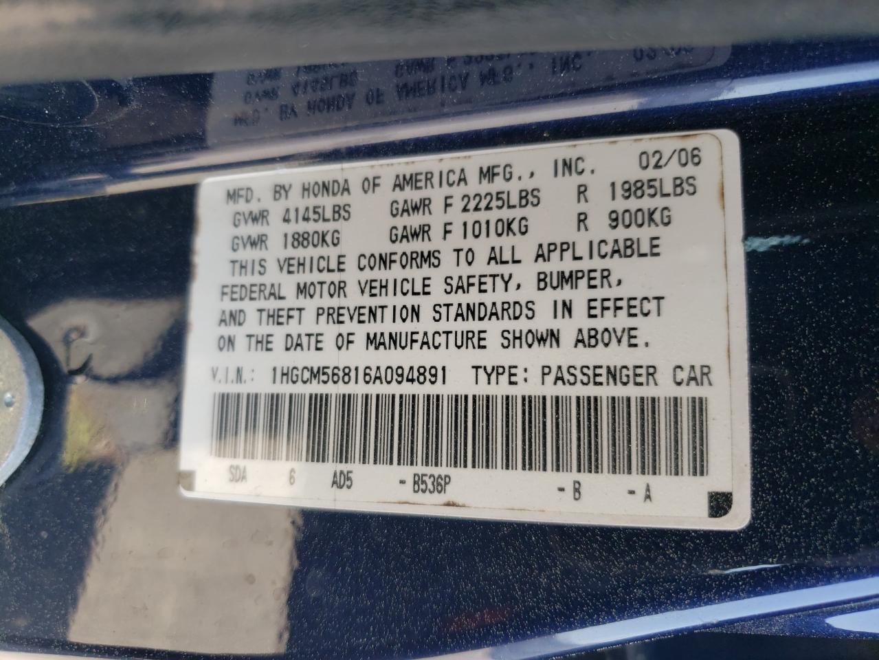 2006 Honda Accord Ex VIN: 1HGCM56816A094891 Lot: 50891815