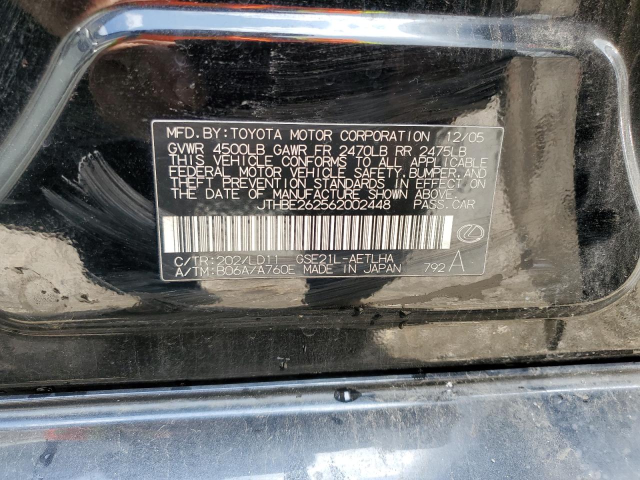 2006 Lexus Is 350 VIN: JTHBE262562002448 Lot: 51224095