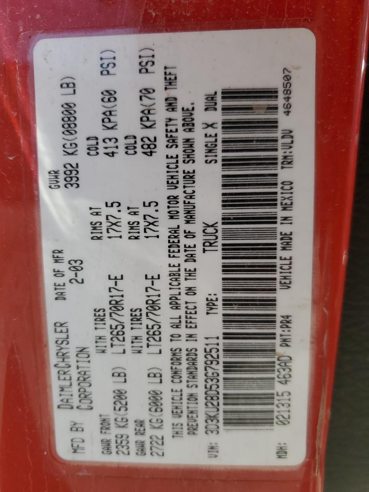 2003 Dodge Ram 2500 St VIN: 3D3KU28D53G792511 Lot: 47817815