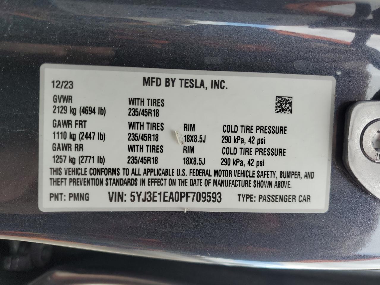 2023 Tesla Model 3 VIN: 5YJ3E1EA0PF709593 Lot: 48208915