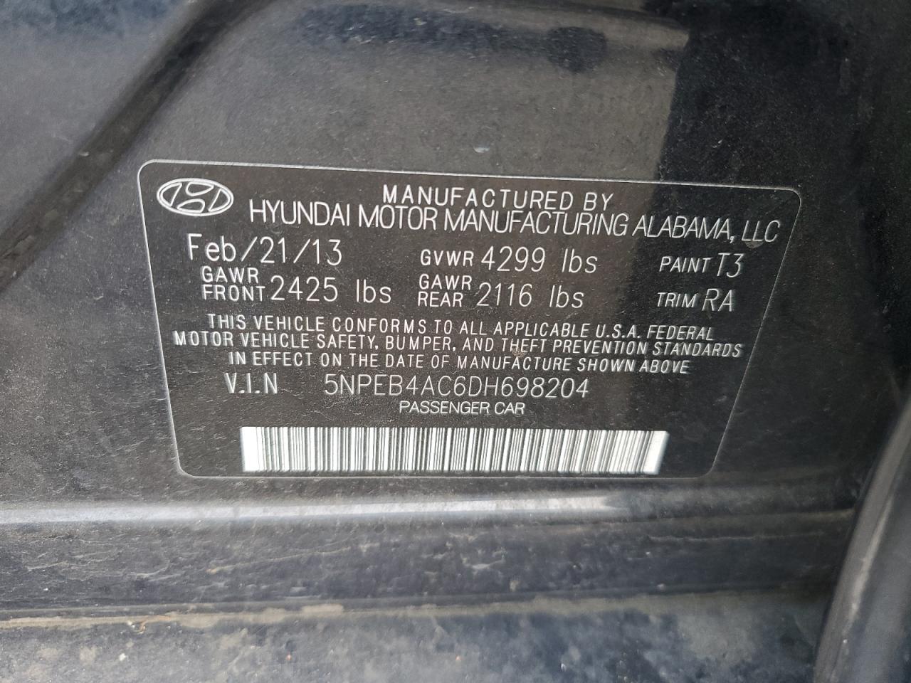 2013 Hyundai Sonata Gls VIN: 5NPEB4AC6DH698204 Lot: 49708435