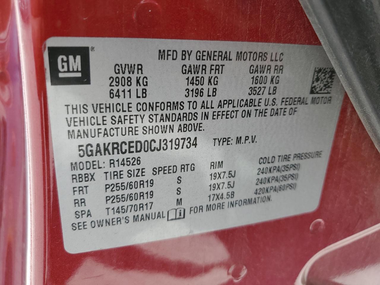 2012 Buick Enclave VIN: 5GAKRCED0CJ319734 Lot: 48666965