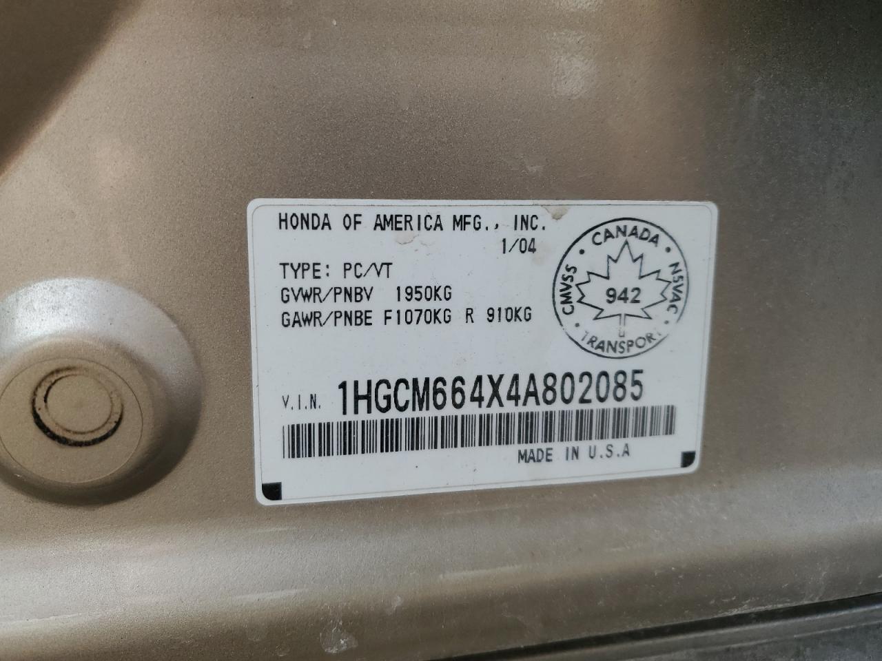 2004 Honda Accord Ex VIN: 1HGCM664X4A802085 Lot: 47872435