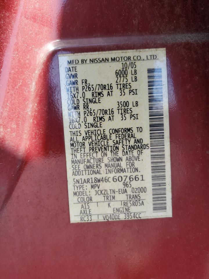2006 Nissan Pathfinder Le VIN: 5N1AR18W46C607661 Lot: 50482145
