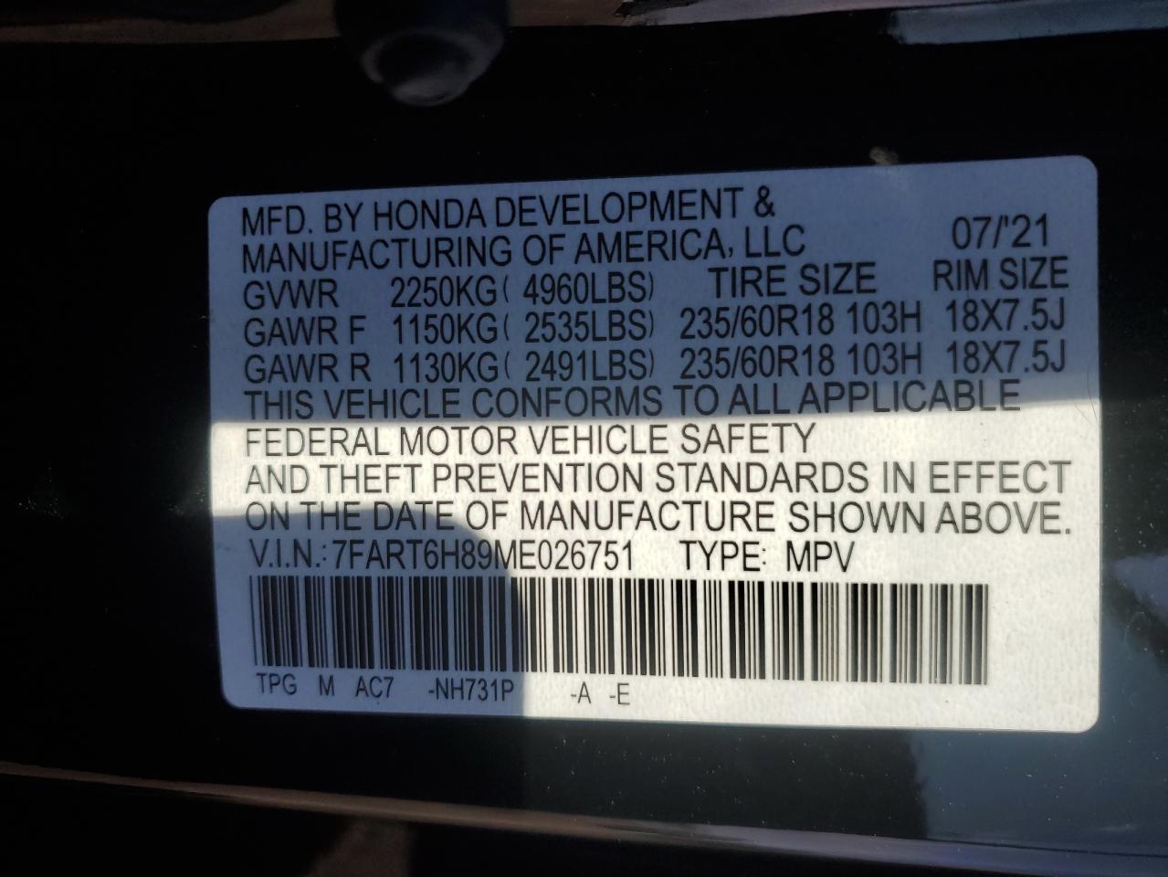2021 Honda Cr-V Exl VIN: 7FART6H89ME026751 Lot: 50613335
