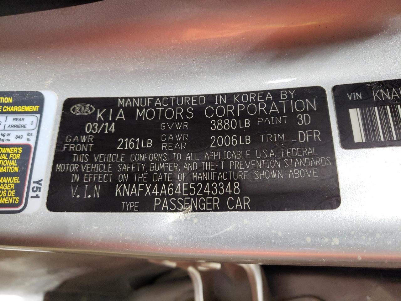 2014 Kia Forte Lx VIN: KNAFX4A64E5243348 Lot: 51270605