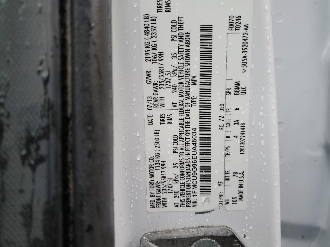 2014 Ford Escape Se VIN: 1FMCU9G96EUA46034 Lot: 49678325