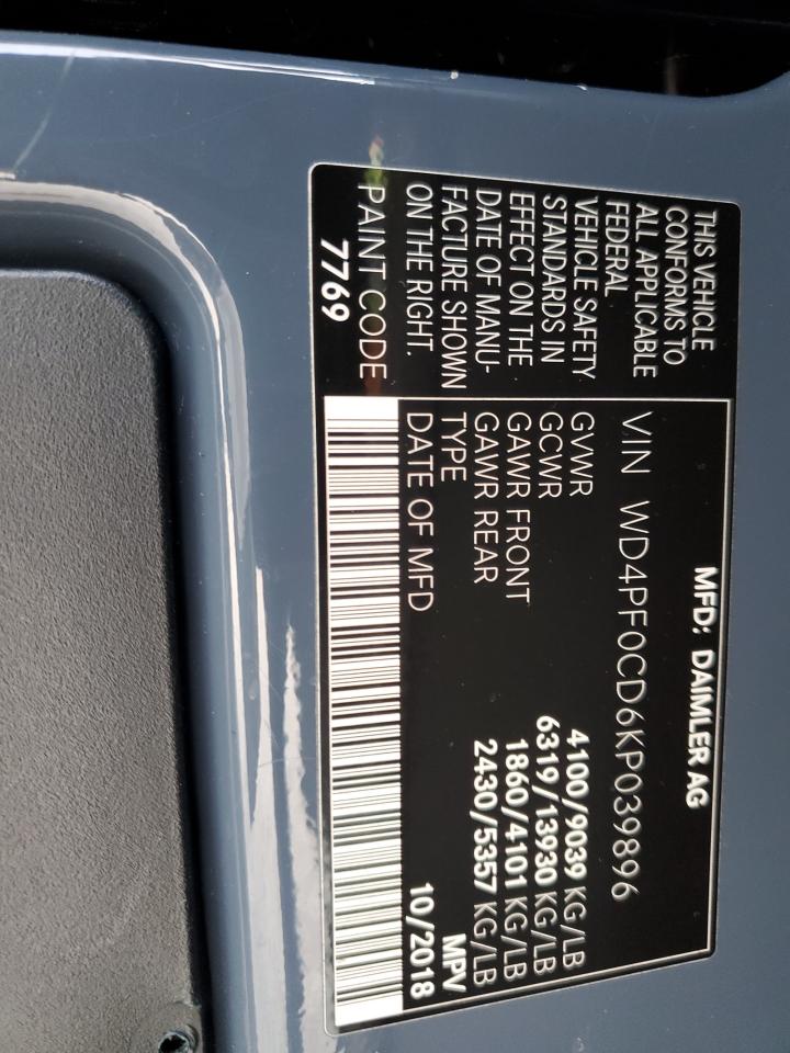 2019 Mercedes-Benz Sprinter 2500/3500 VIN: WD4PF0CD6KP039896 Lot: 48004865