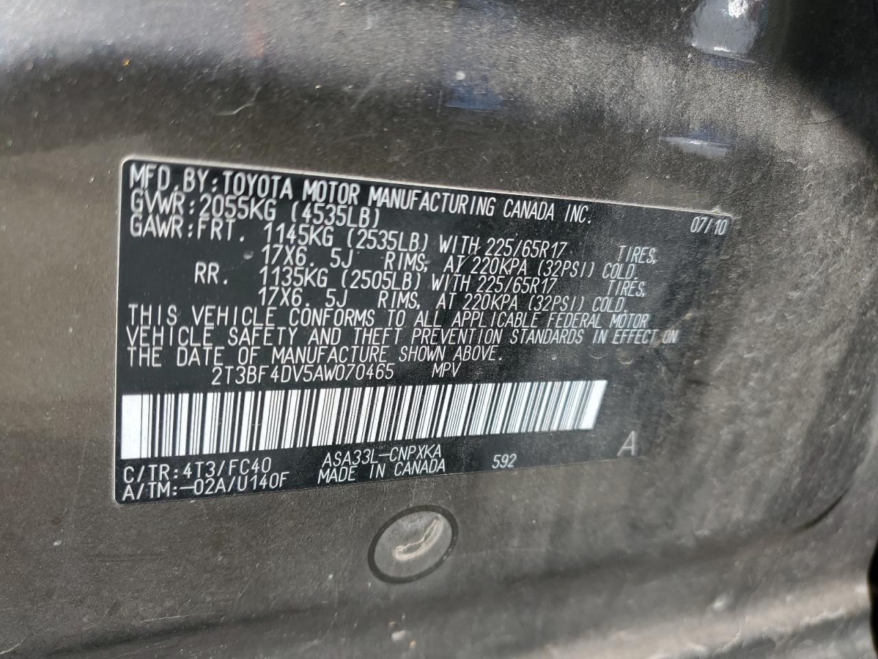 2010 Toyota Rav4 VIN: 2T3BF4DV5AW070465 Lot: 49533025