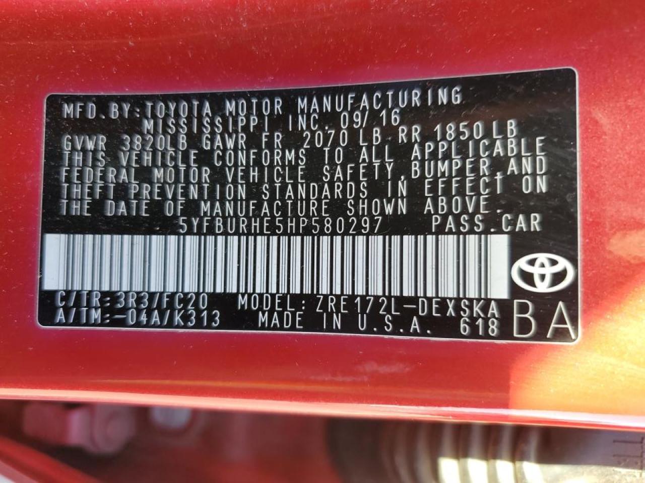 2017 Toyota Corolla L VIN: 5YFBURHE5HP580297 Lot: 47579325
