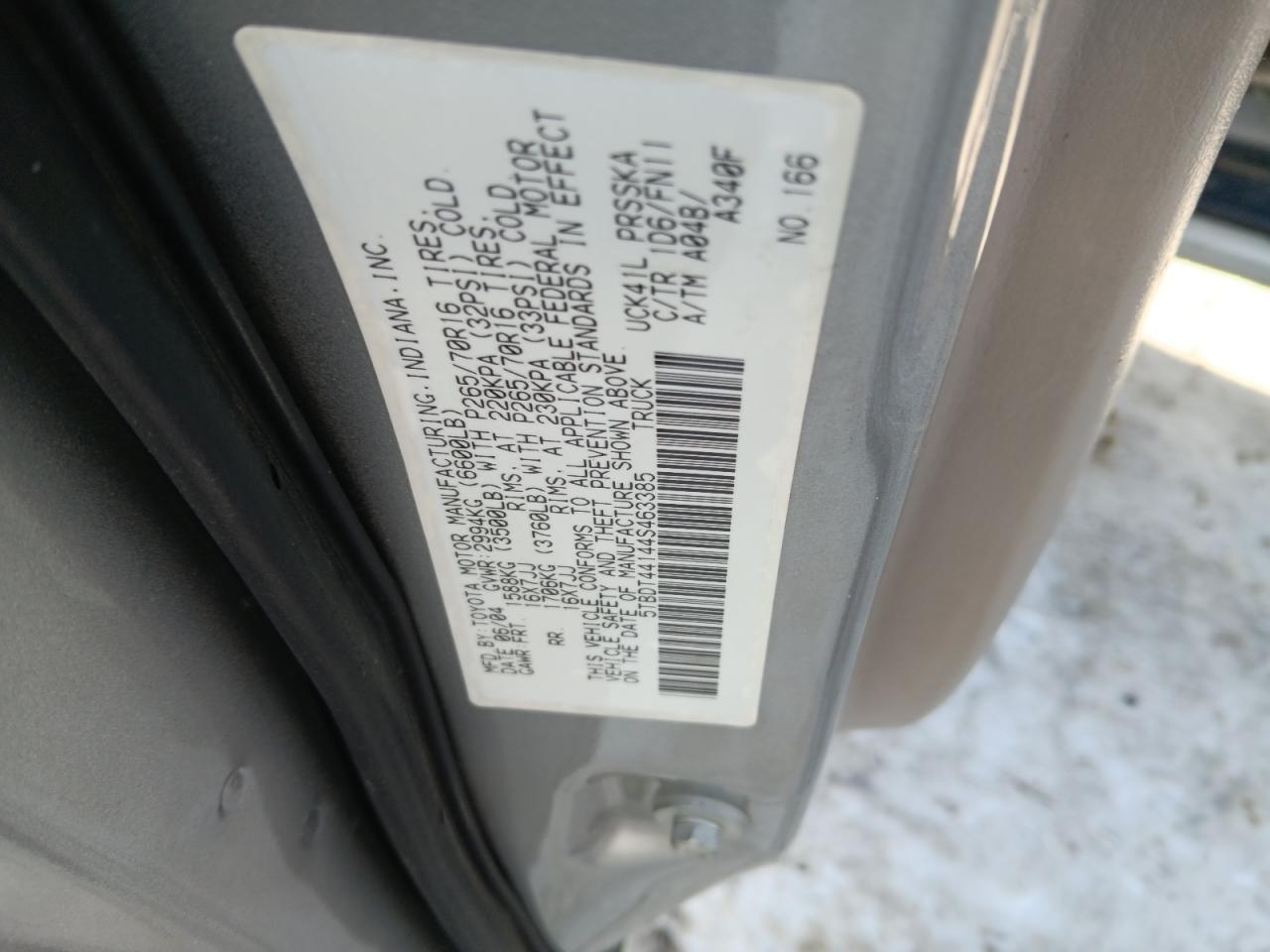 2004 Toyota Tundra Double Cab Sr5 VIN: 5TBDT44144S463385 Lot: 48795095