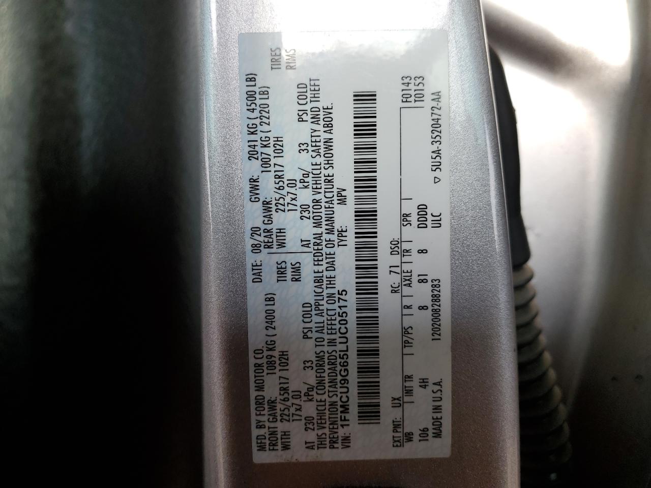 2020 Ford Escape Se VIN: 1FMCU9G65LUC05175 Lot: 95750565