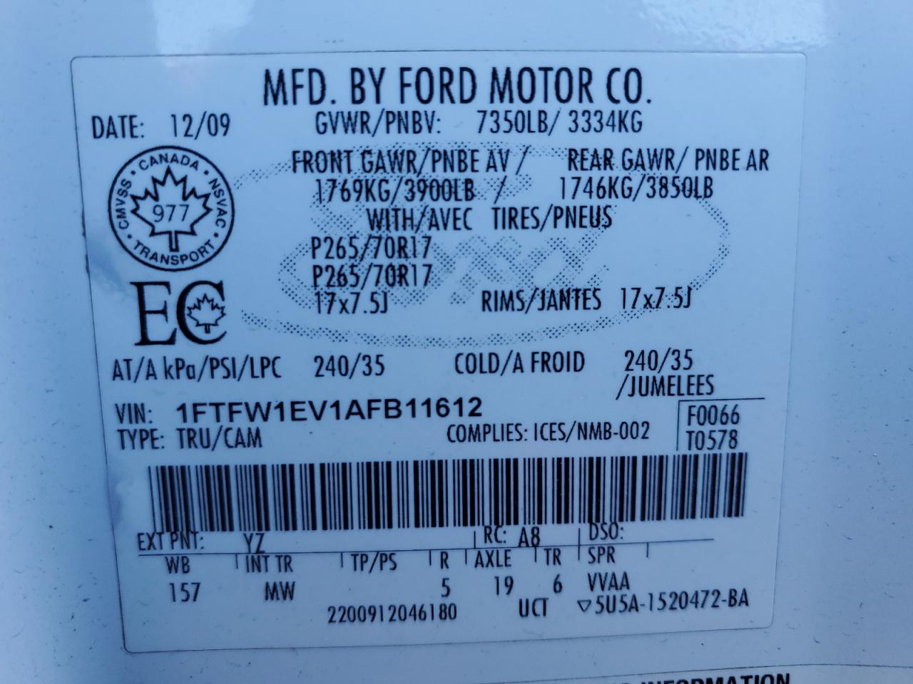 2010 Ford F150 Supercrew VIN: 1FTFW1EV1AFB11612 Lot: 48688545