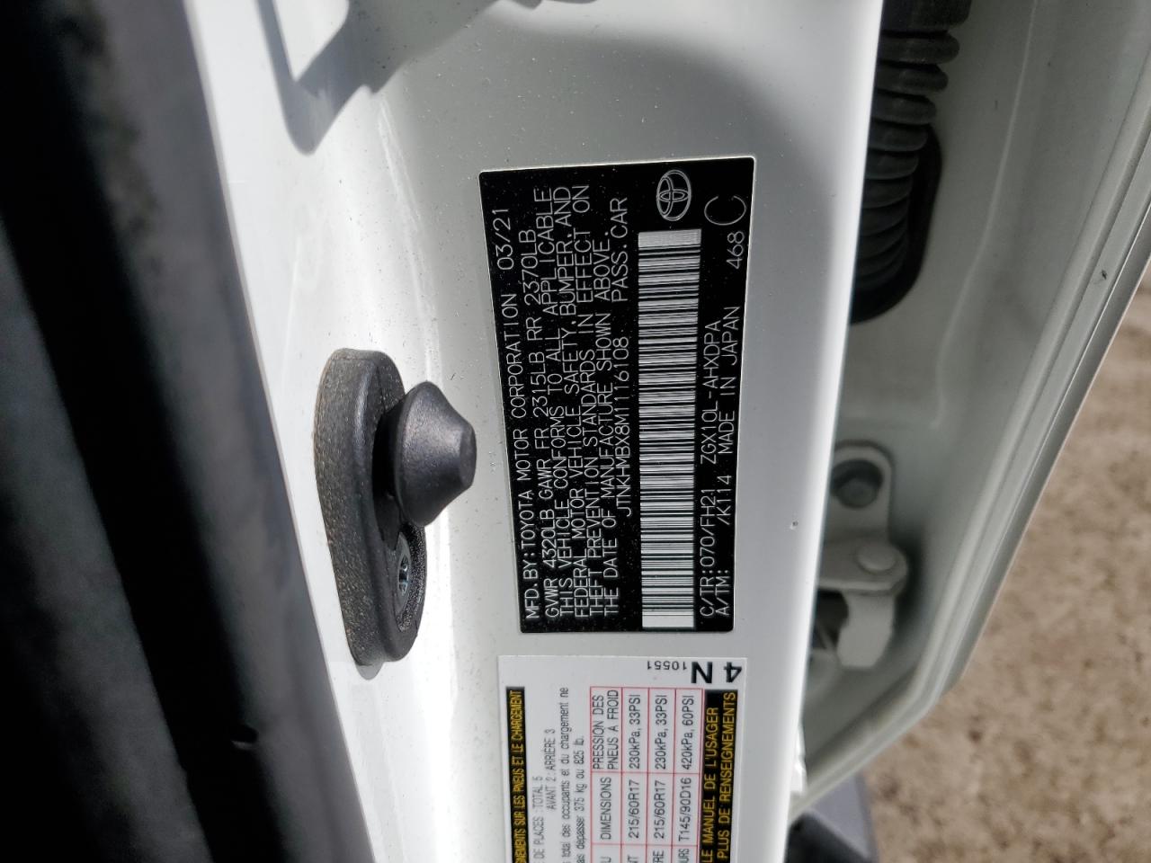 2021 Toyota C-Hr Xle VIN: JTNKHMBX8M1116108 Lot: 49998915