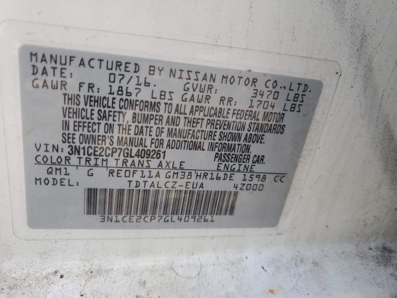 3N1CE2CP7GL409261 NISSAN VERSA 2016