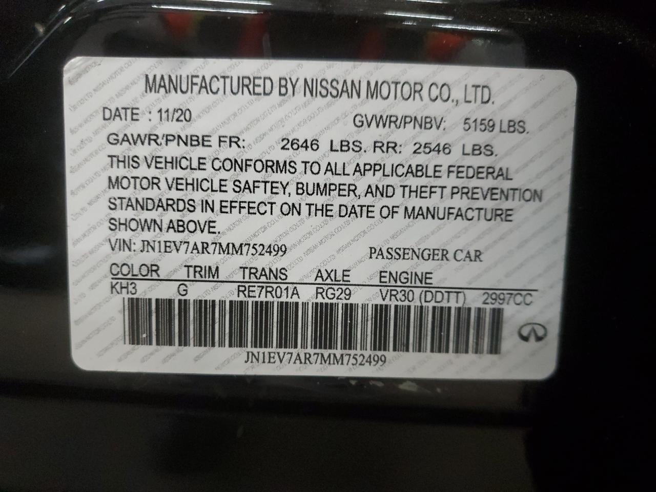 2021 Infiniti Q50 Pure VIN: JN1EV7AR7MM752499 Lot: 48181255