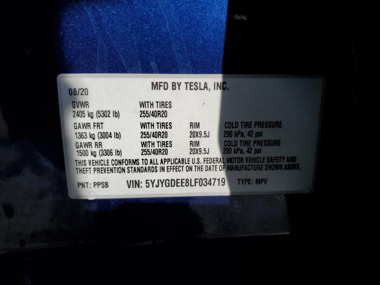 5yjygdee8lf034719 5YJYGDEE8LF034719 2020 Tesla Model Y