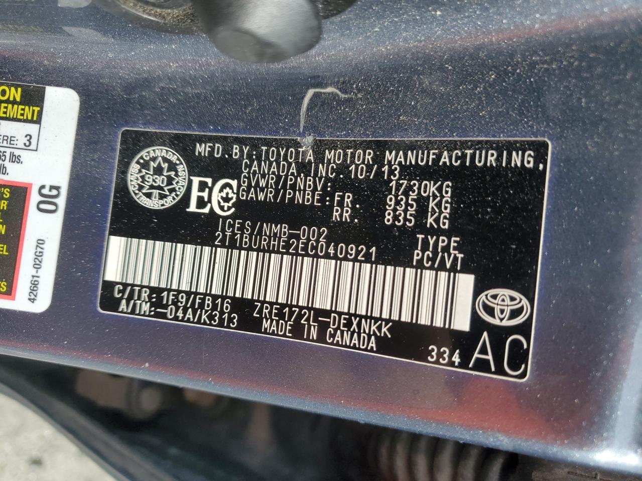 2014 Toyota Corolla L VIN: 2T1BURHE2EC040921 Lot: 47920095