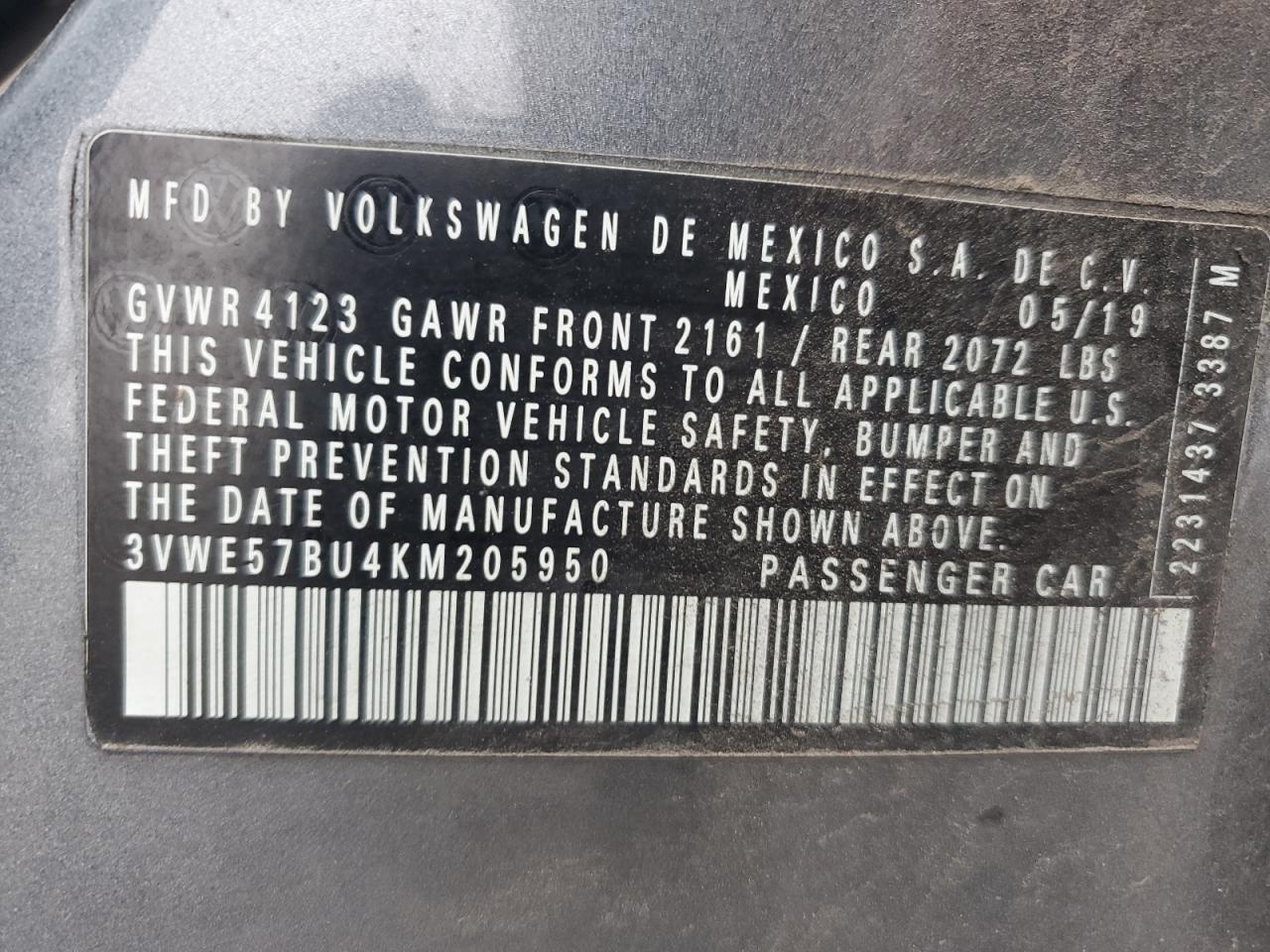 2019 Volkswagen Jetta Sel VIN: 3VWE57BU4KM205950 Lot: 65555295