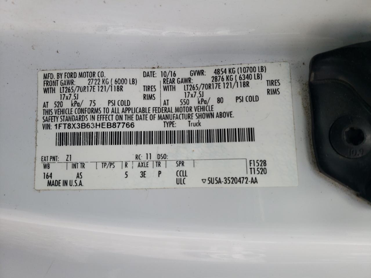 2017 Ford F350 Super Duty VIN: 1FT8X3B63HEB87766 Lot: 47417415