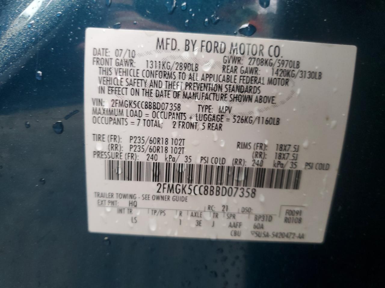 2011 Ford Flex Sel VIN: 2FMGK5CC8BBD07358 Lot: 49874395