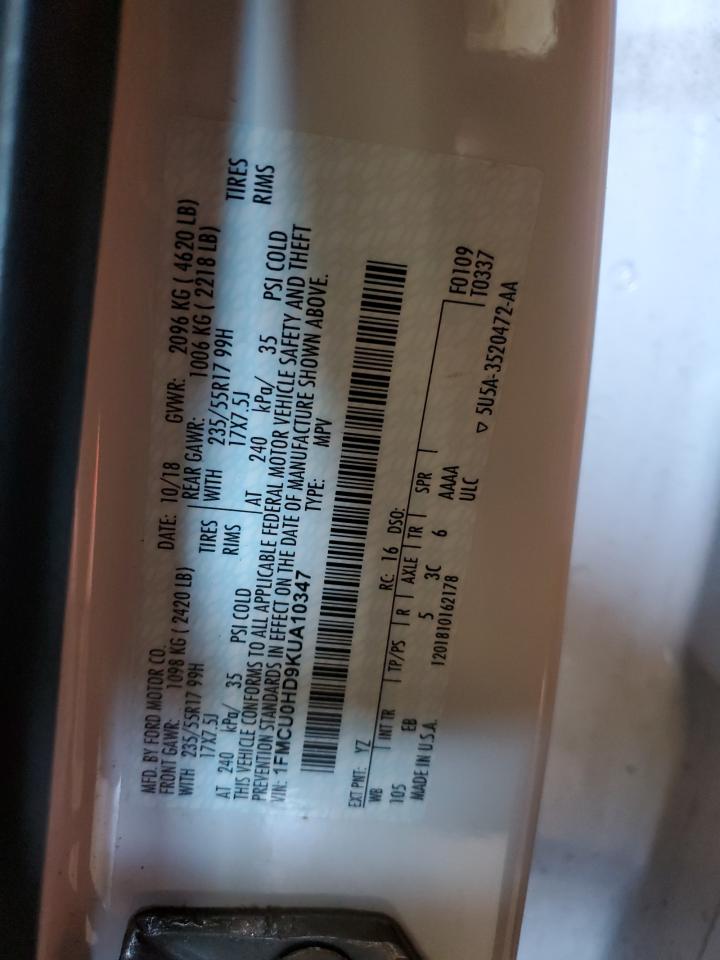 2019 Ford Escape Sel VIN: 1FMCU0HD9KUA10347 Lot: 49337895