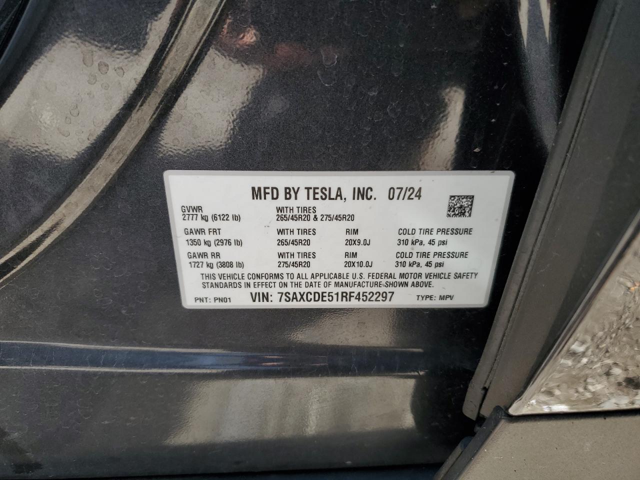 2024 Tesla Model X VIN: 7SAXCDE51RF452297 Lot: 50139665