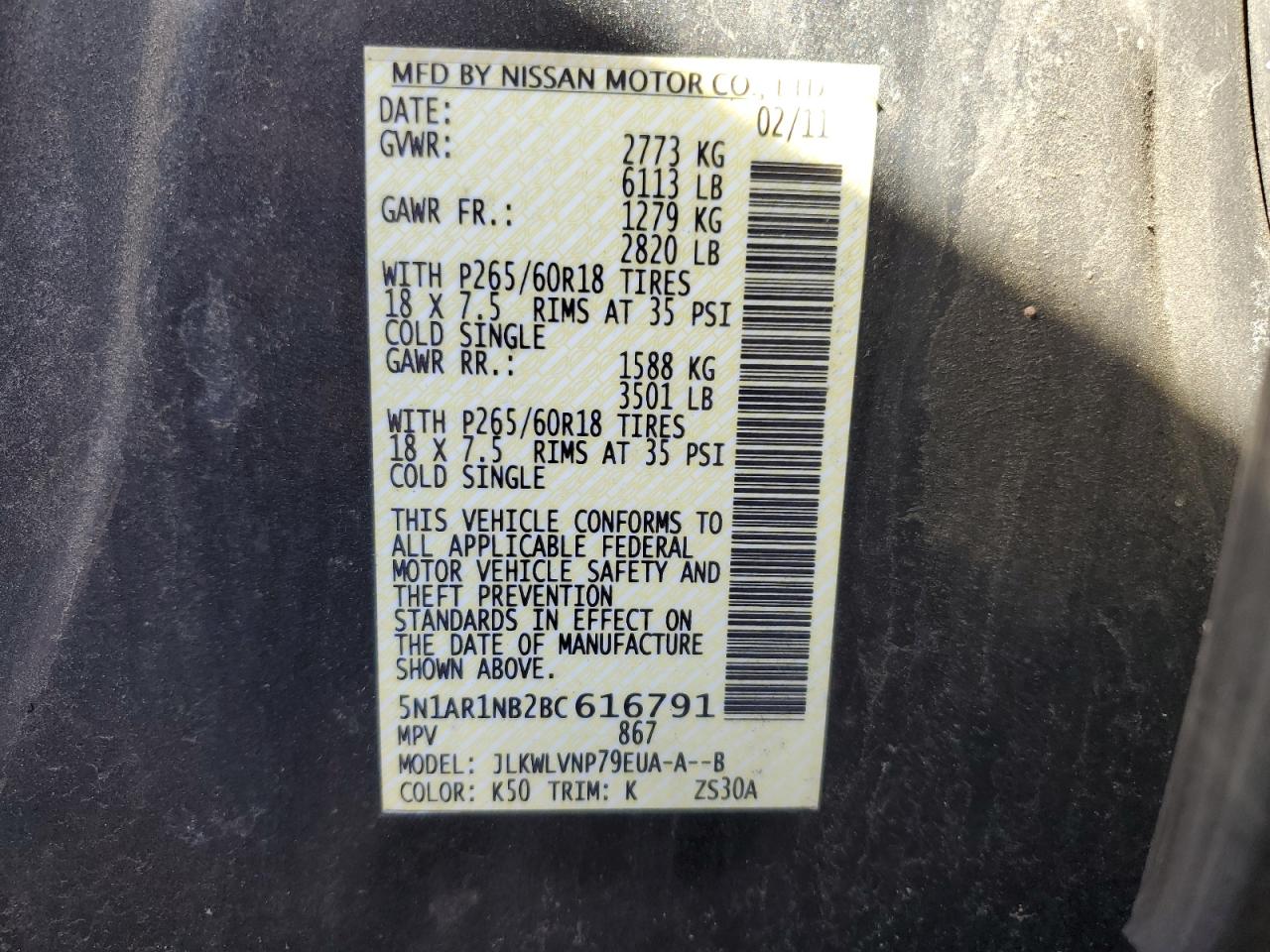 2011 Nissan Pathfinder S VIN: 5N1AR1NB2BC616791 Lot: 48732645
