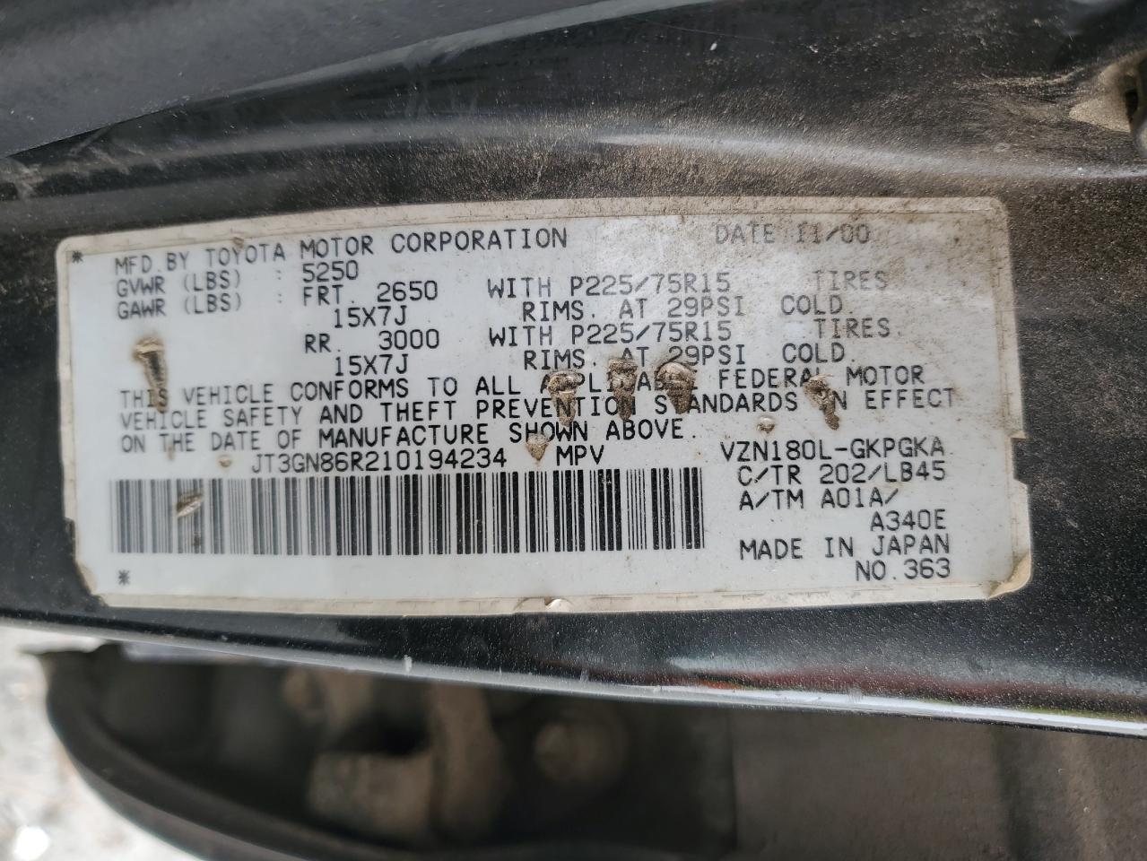 2001 Toyota 4Runner Sr5 VIN: JT3GN86R210194234 Lot: 48828305