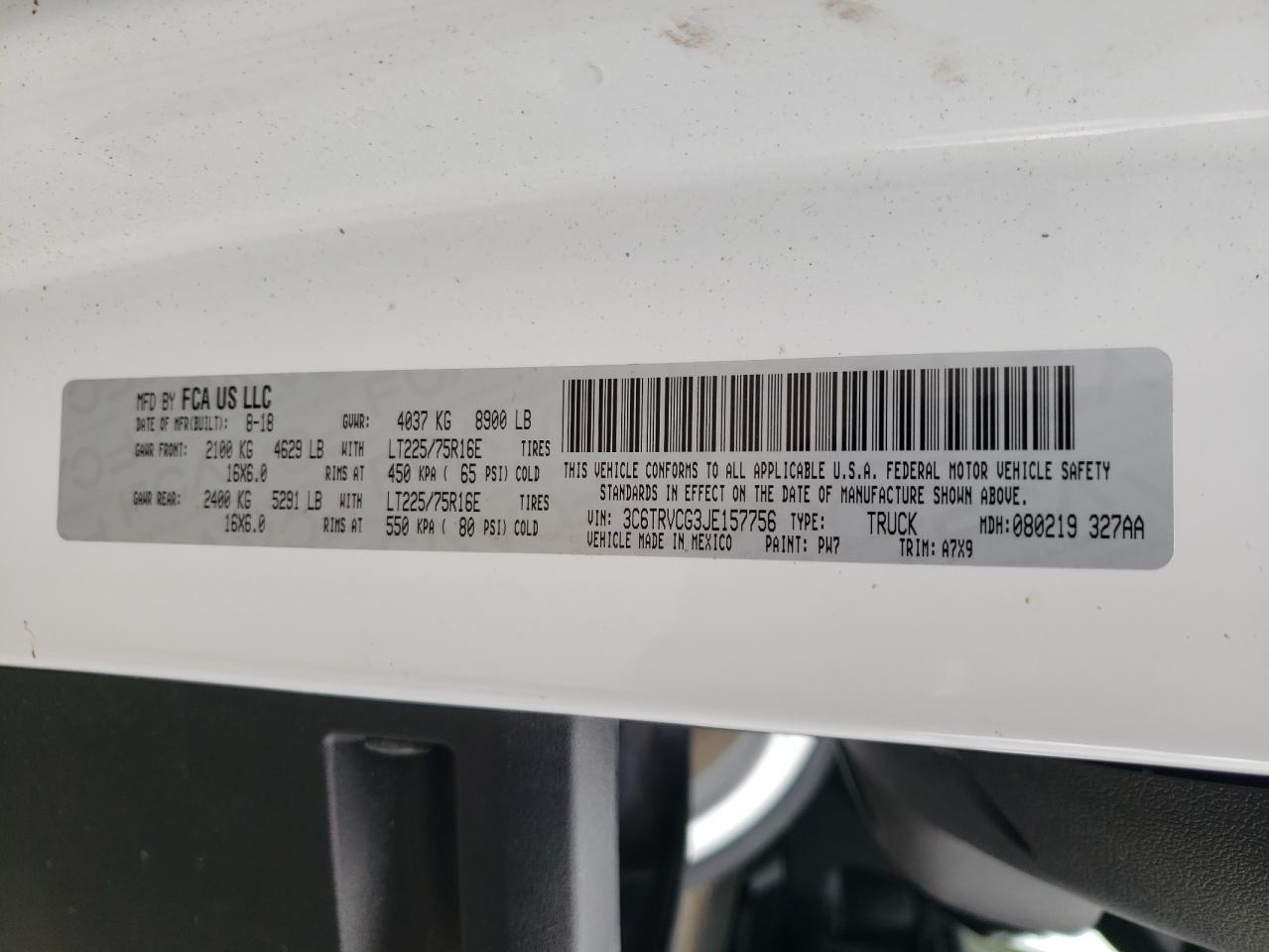 2018 Ram Promaster 2500 2500 High VIN: 3C6TRVCG3JE157756 Lot: 46492655