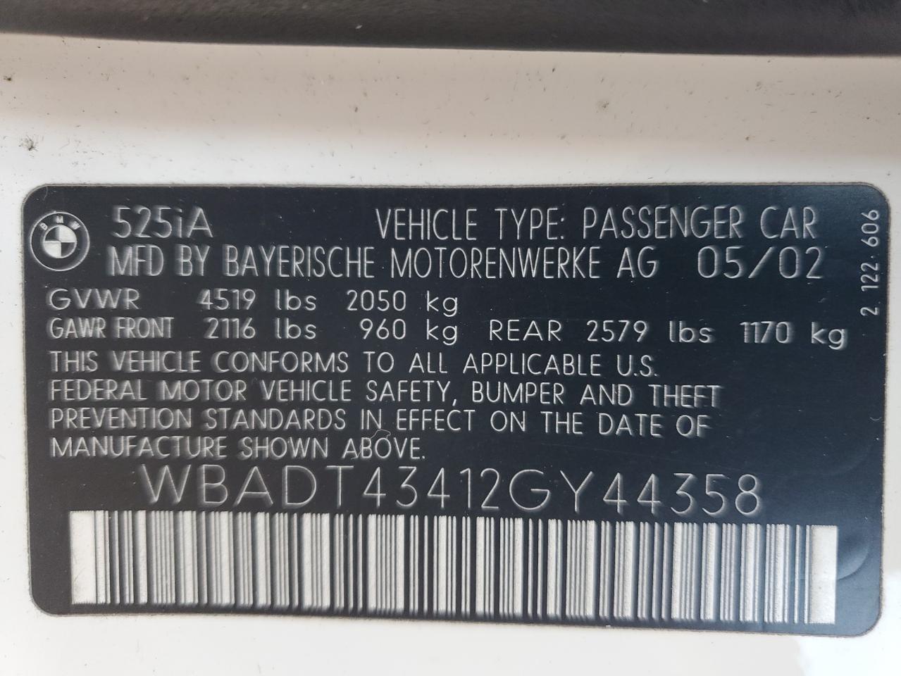 2002 BMW 525 I Automatic VIN: WBADT43412GY44358 Lot: 67400975